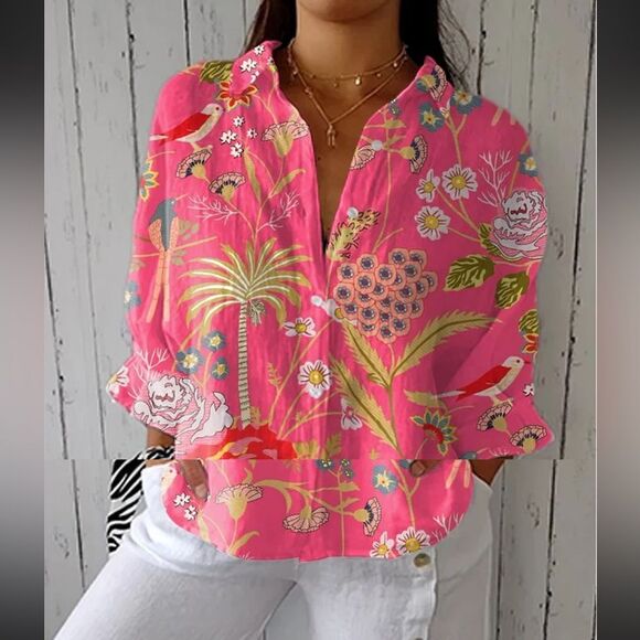 Mellowoutfit Tropical Print 3/4 Sleeve Button-Up Shirt Size 3XL - Picture 1 of 7
